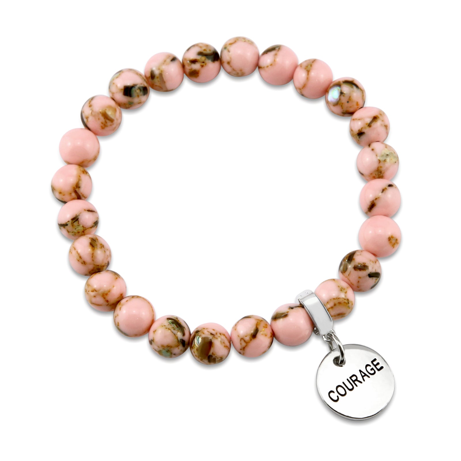 Soft Pink Synthesis Stone 8mm Bead Bracelet with Breathe Silver Word Charm. Fundraiser for the National Breast Cancer Foundation