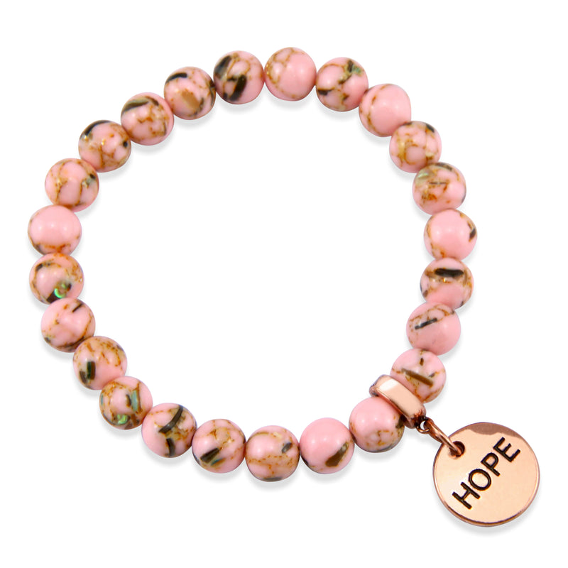 Soft Pink Synthesis Stone 8mm Bead Bracelet with Brave Rose Gold Word Charm. Fundraiser for the National Breast Cancer Foundation