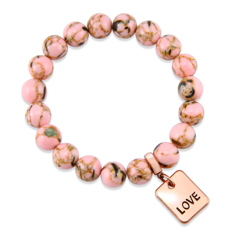 Soft Pink Synthesis Stone 10mm Bead Bracelet with Brave Heart Rose Gold Word Charm. Fundraiser for the National Breast Cancer Foundation