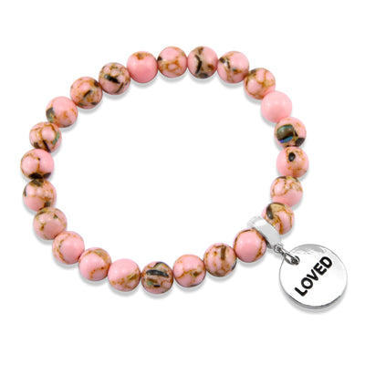 Soft Pink Synthesis Stone 8mm Bead Bracelet with Loved Silver Word Charm. Fundraiser for the National Breast Cancer Foundation