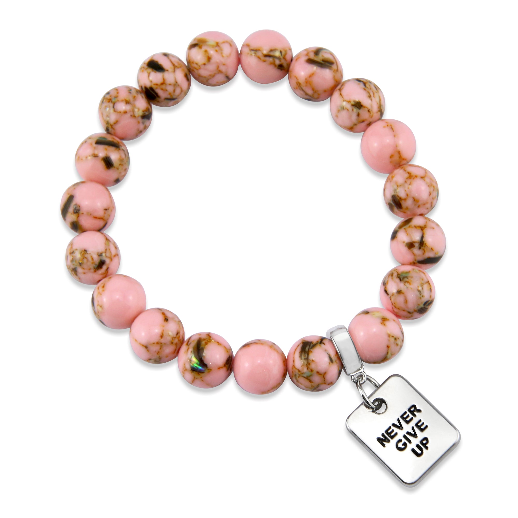 Soft Pink Synthesis Stone 10mm Bead Bracelet with Never Give Up Silver Word Charm. Fundraiser for the National Breast Cancer Foundation