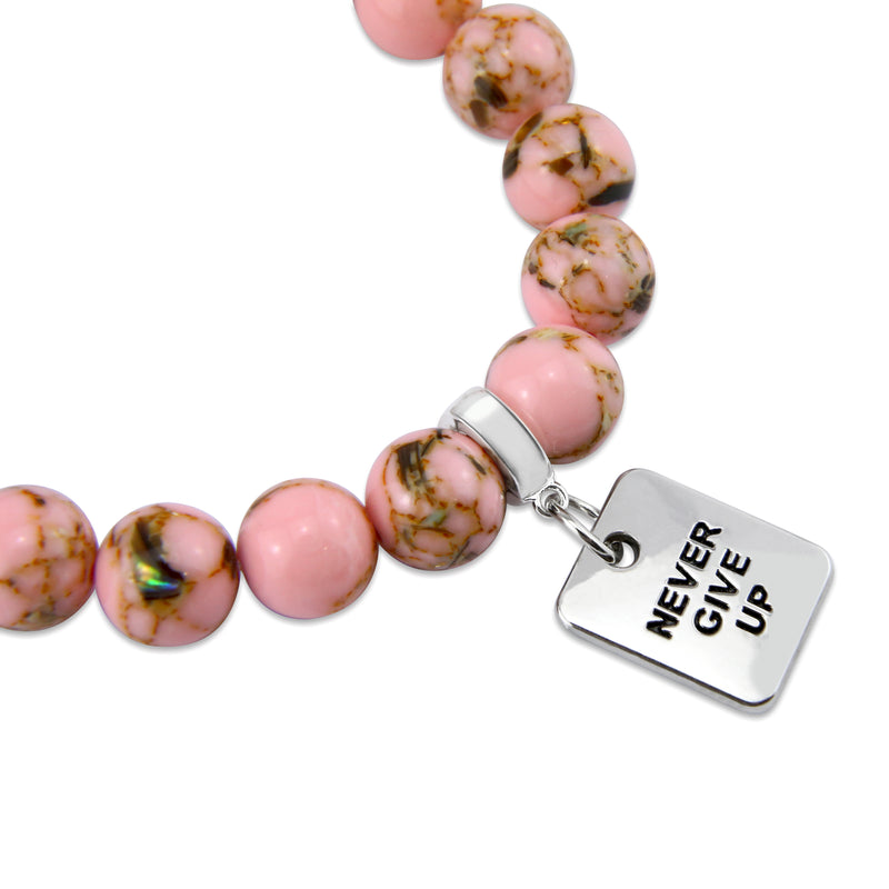 Soft Pink Synthesis Stone 10mm Bead Bracelet with Never Give Up Silver Word Charm. Fundraiser for the National Breast Cancer Foundation