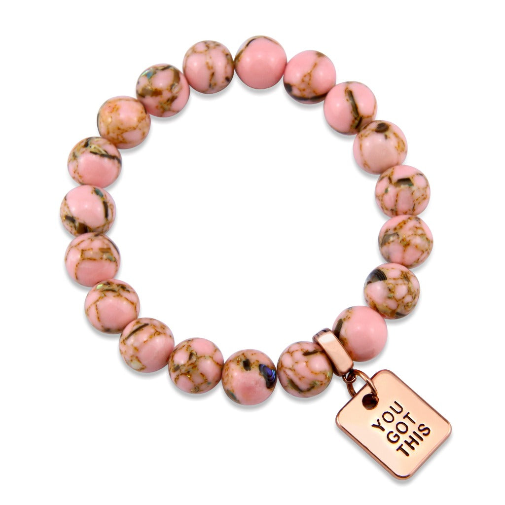 Soft Pink Synthesis Stone 10mm Bead Bracelet with Love Rose Gold Word Charm. Fundraiser for the National Breast Cancer Foundation