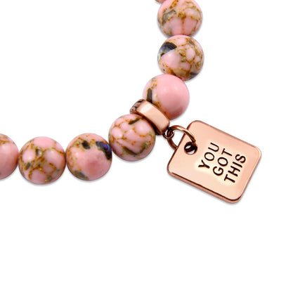 Soft Pink Synthesis Stone 10mm Bead Bracelet with You Got This Rose Gold Word Charm. Fundraiser for the National Breast Cancer Foundation