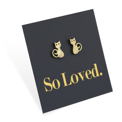 Stainless Steel Earring Studs, So Loved, Gold Cats