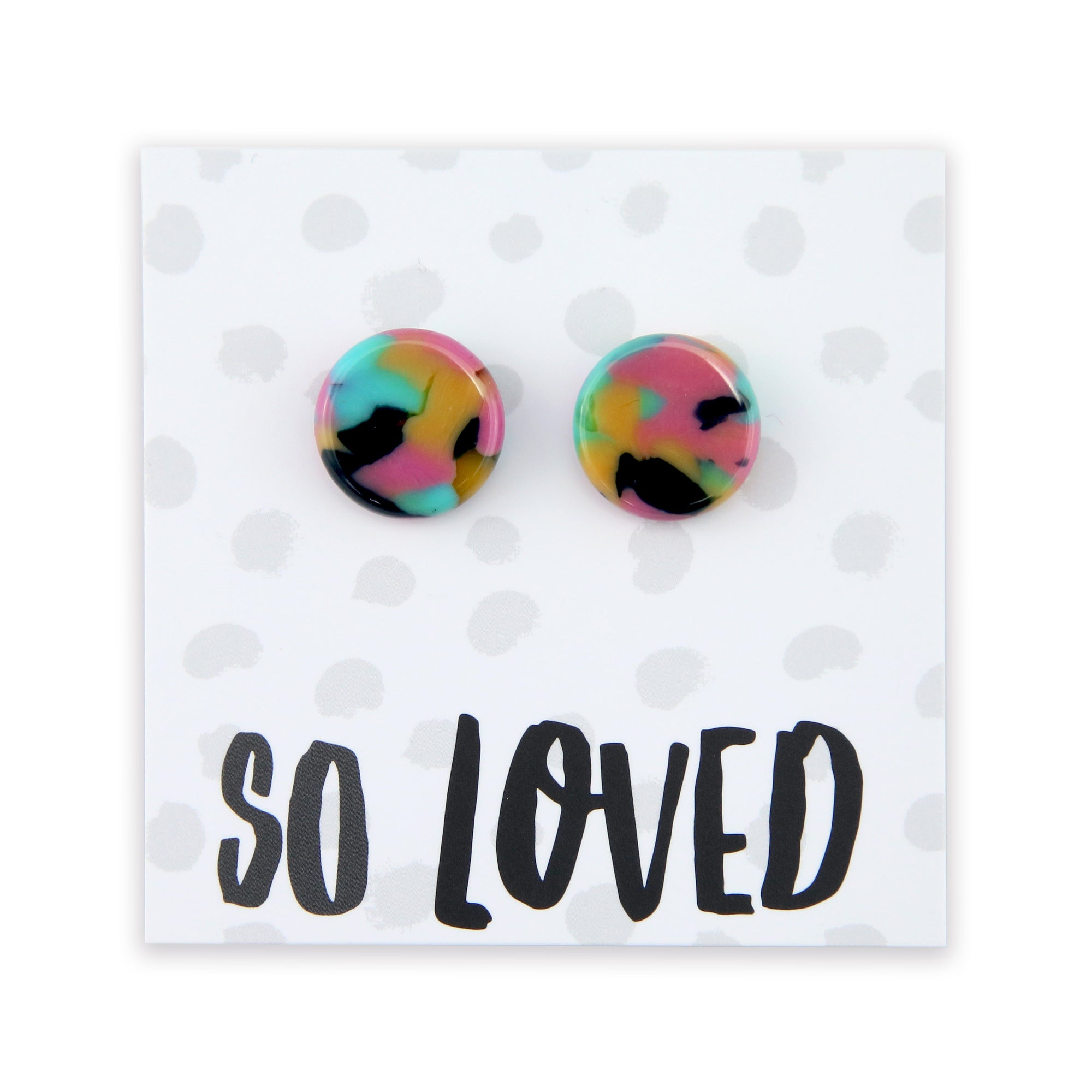 So loved multicoloured circle shape resin earring studs.