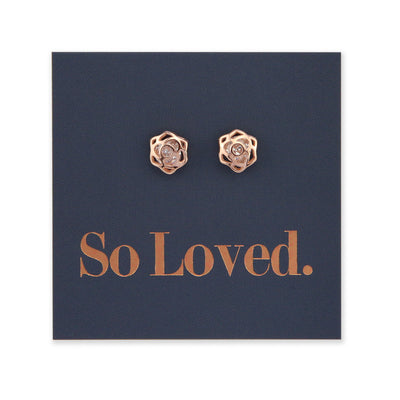 Rose Flower Stud with Cubic Zirconia - Sterling Silver Rose Gold - So Loved (9413-R)