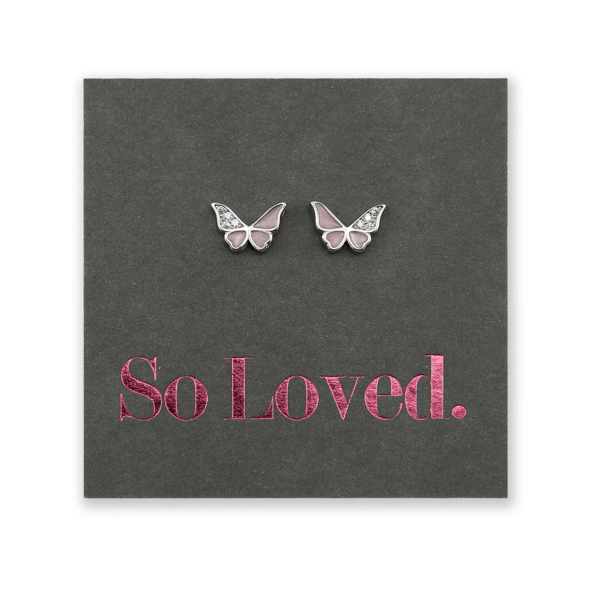 Pink butterfly stud, sterling silver with cubic zirconia, national breast cancer foundation fundraiser.