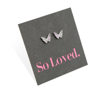 Pink butterfly stud, sterling silver with cubic zirconia, national breast cancer foundation fundraiser.
