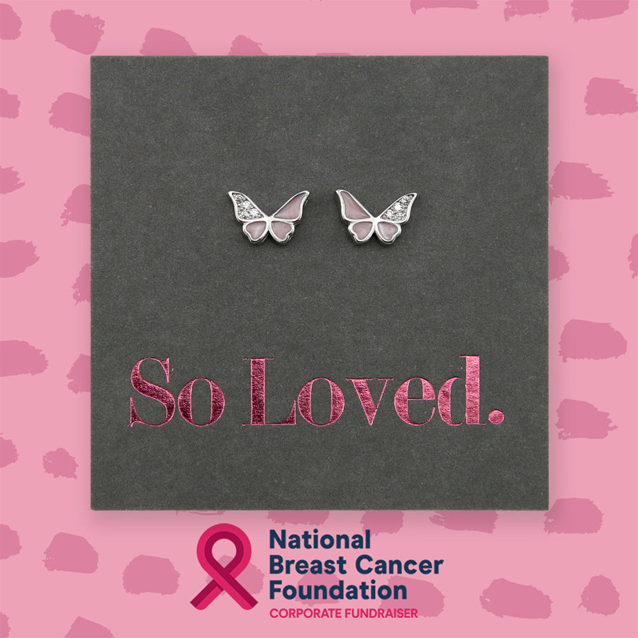 Pink butterfly stud, sterling silver with cubic zirconia, national breast cancer foundation fundraiser.