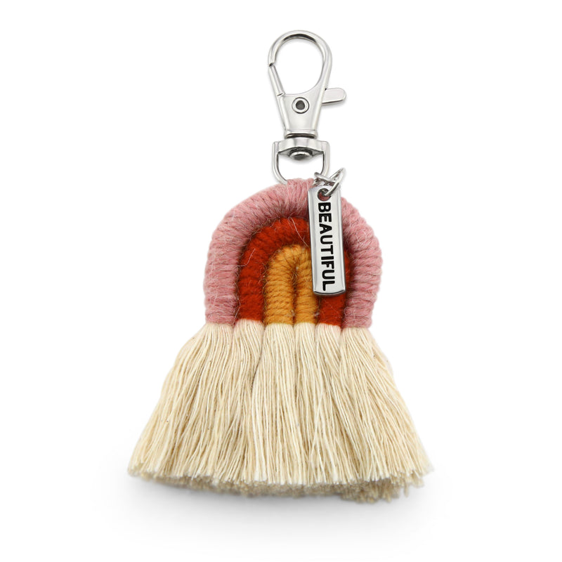 Mini Handwoven Rainbow Keyring/ Bag Accessory in Pink, Red and Orange with silver Beautiful word charm.