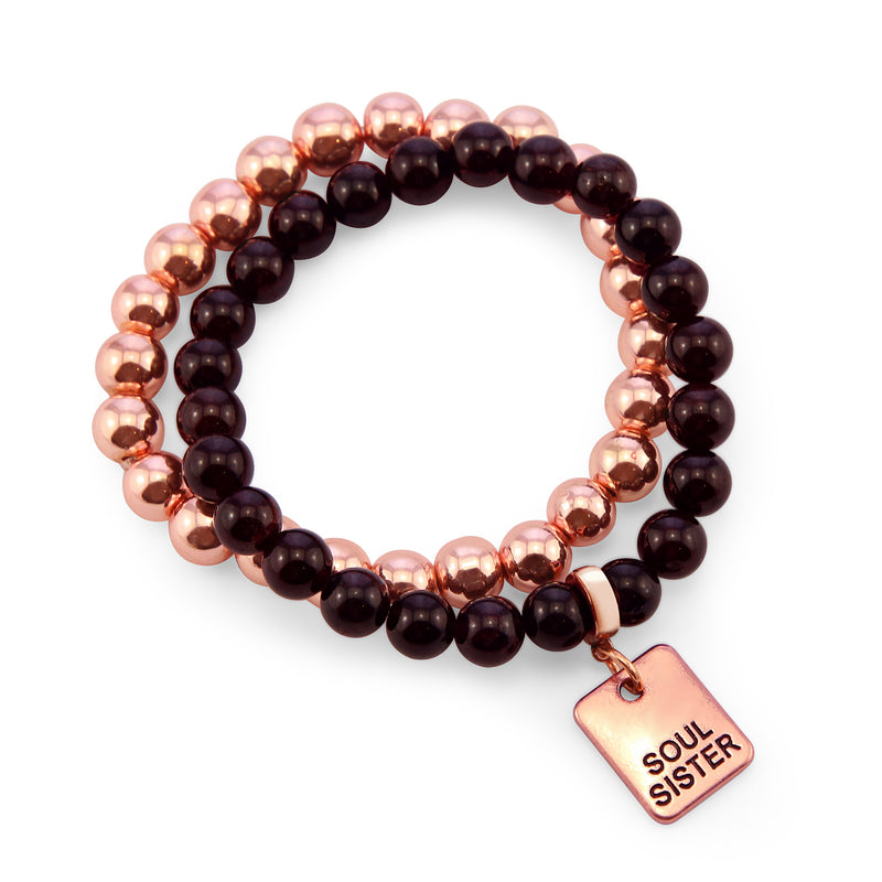 Bracelet Duo! Rose Gold & Garnet bead bracelet stacker set - SOUL SISTER (10824)