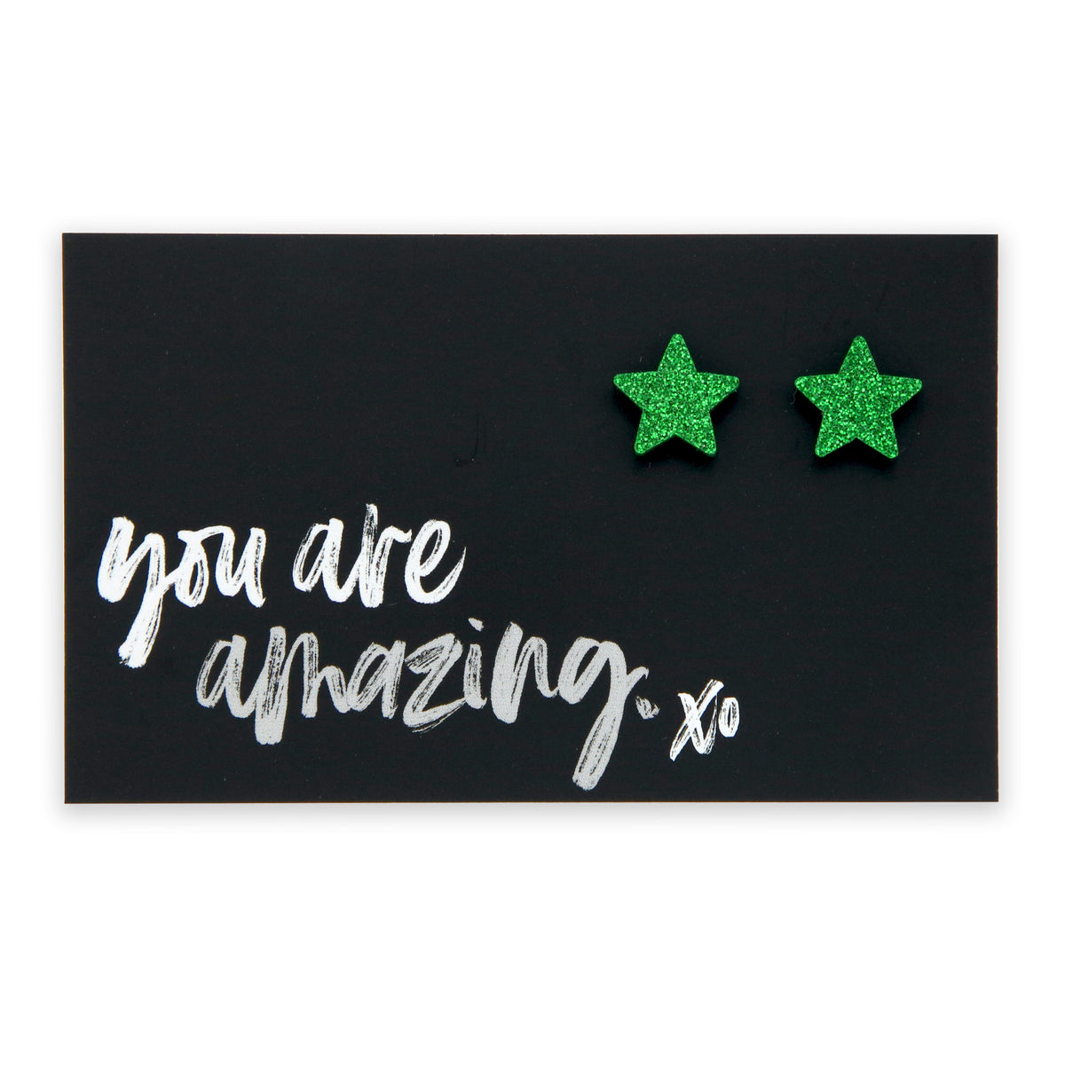 Green glitter star stud on you are amazing card. 