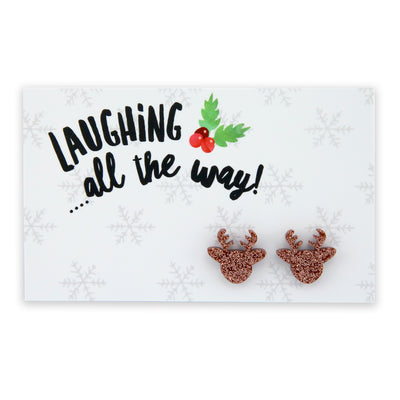 Rose gold glitter reindeer earring studs with hypoallergenic surgical steel posts on laughing all the way card.