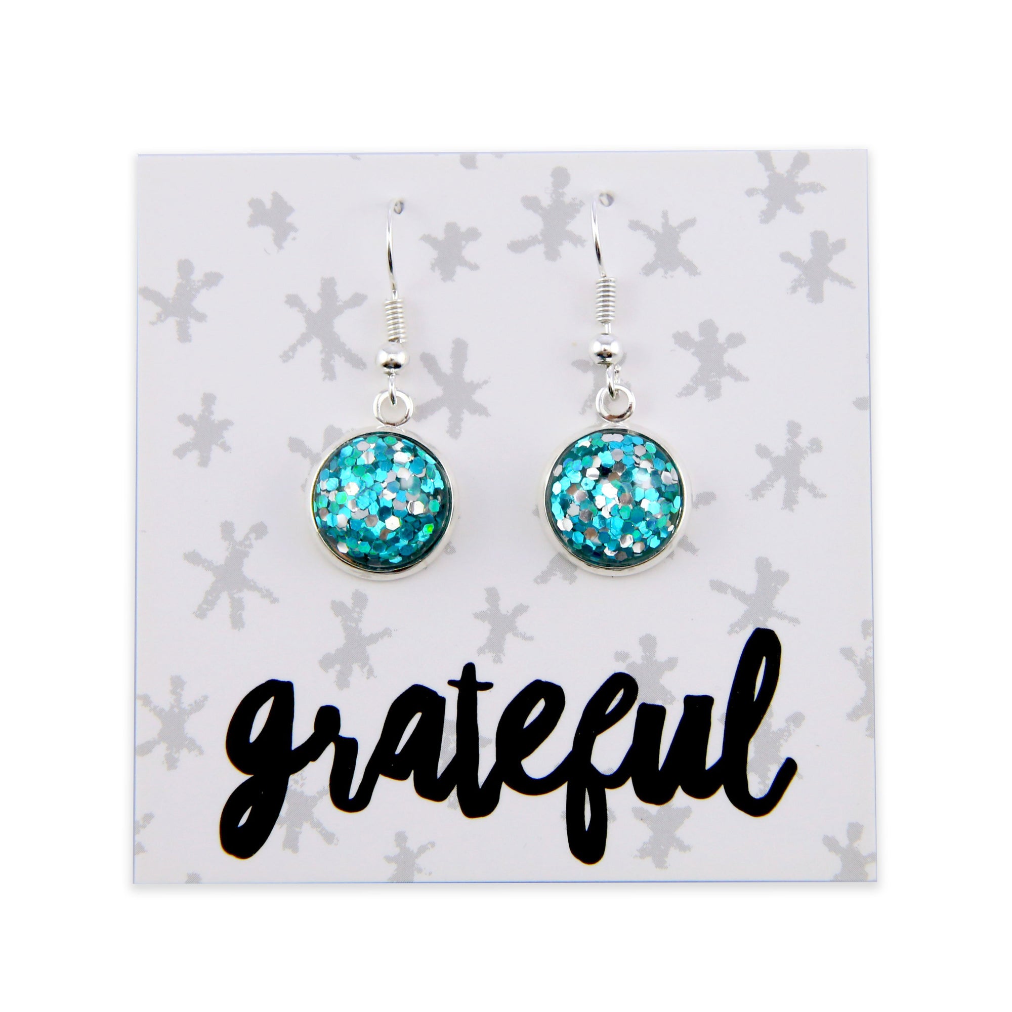 SPARKLEFEST - Grateful - Stainless Steel Bright Silver Dangle Earrings - Aqua & Silver Glitter (8504-F)