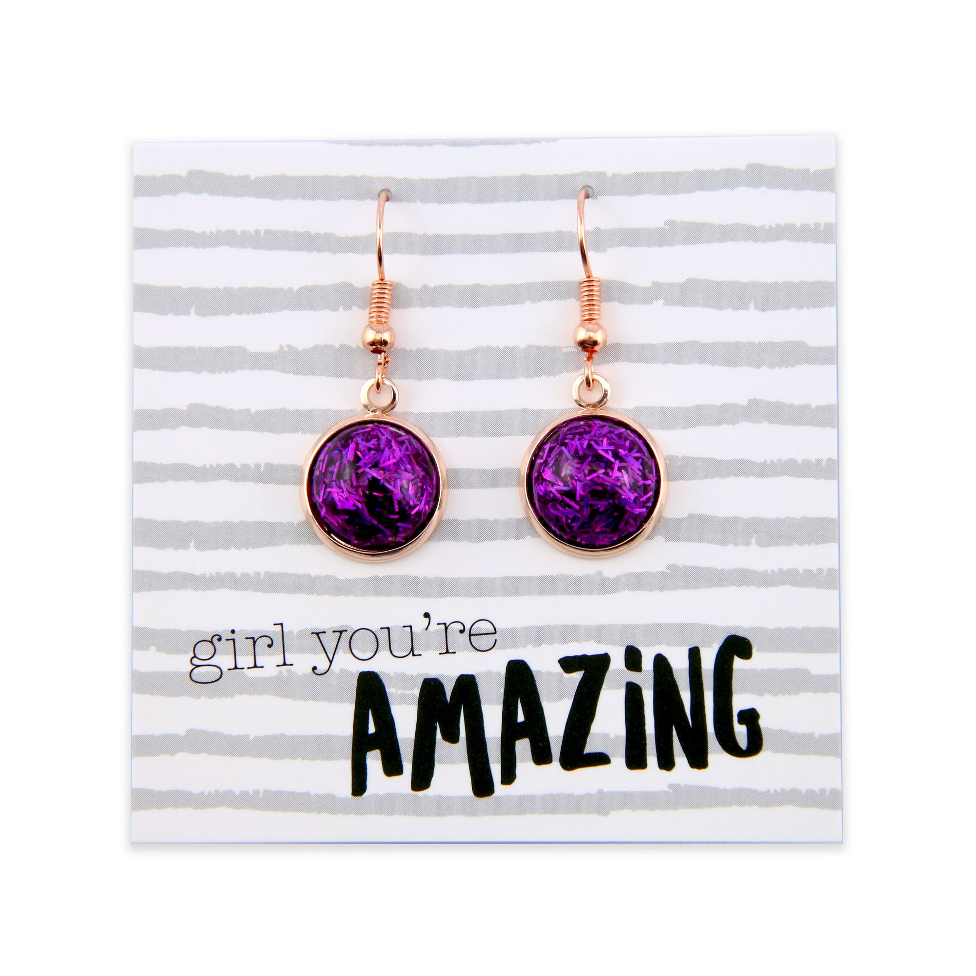 SPARKLEFEST Dangles - Girl You're Amazing - Stainless Steel Rose Gold Earrings - Purple Glitter (2301)