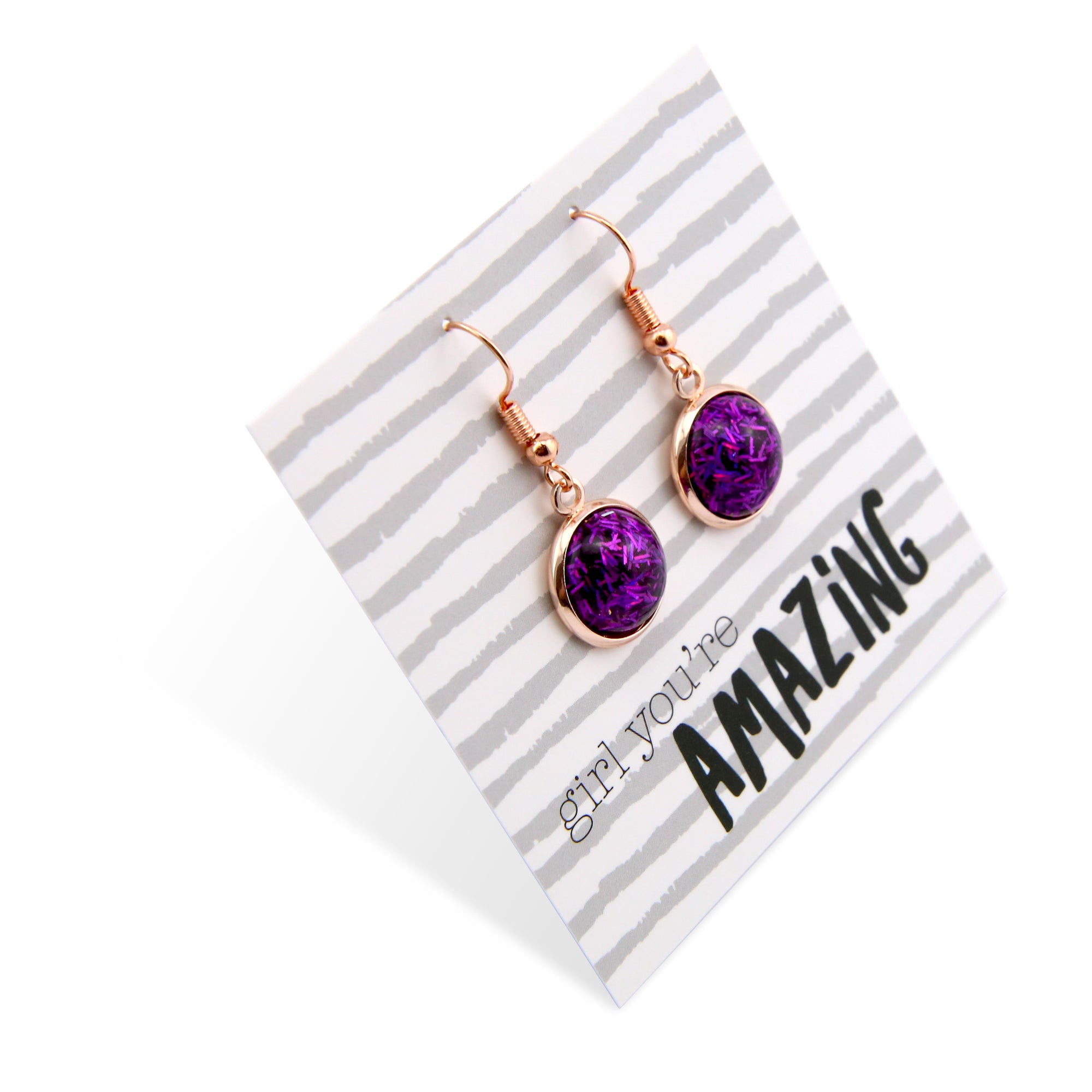 SPARKLEFEST - Girl You're Amazing - Stainless Steel Rose Gold Dangles- Purple Glitter (12621)