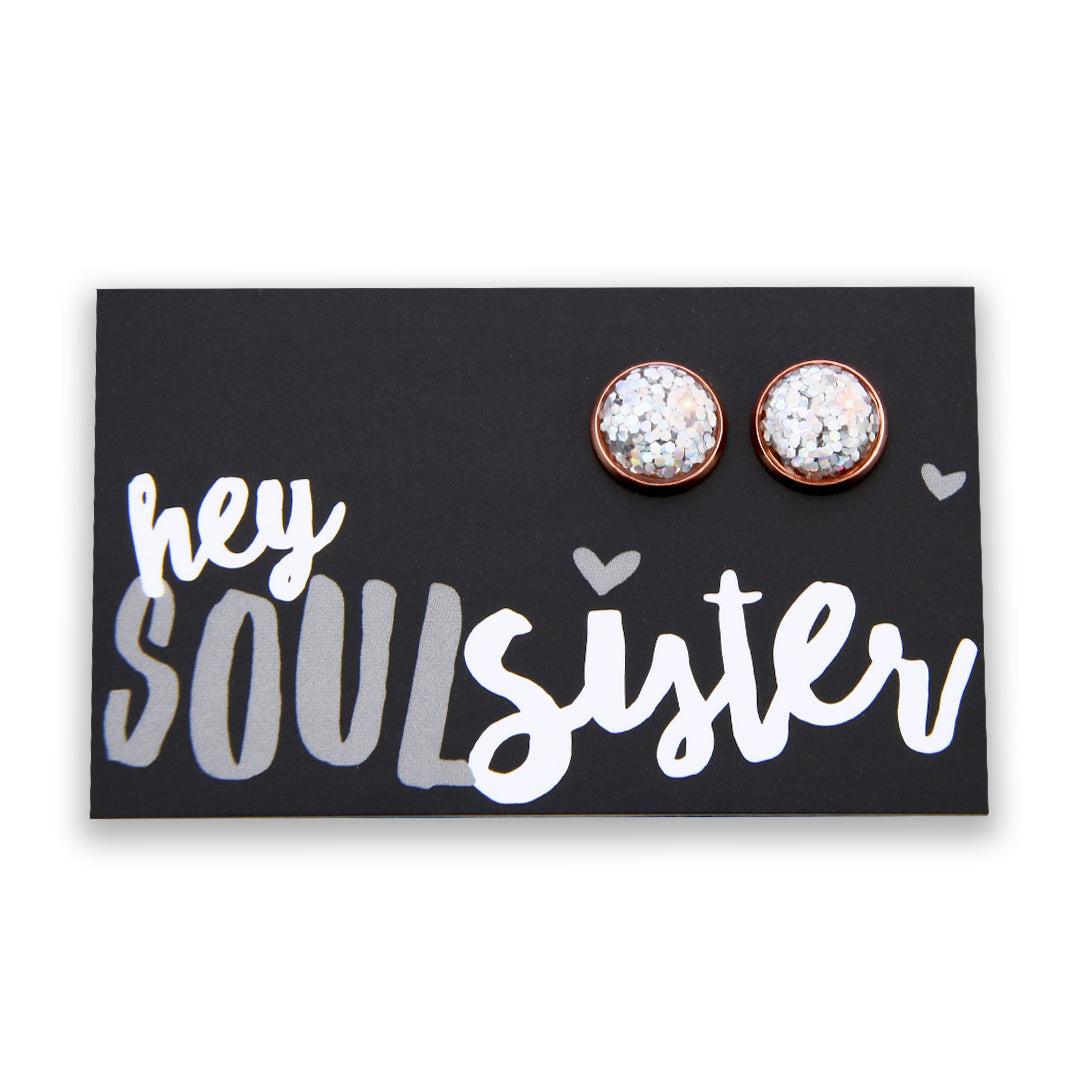 SPARKLEFEST - Hey Soul Sister - Rose Gold 12mm Circle Studs- Silver Glitter (8803)