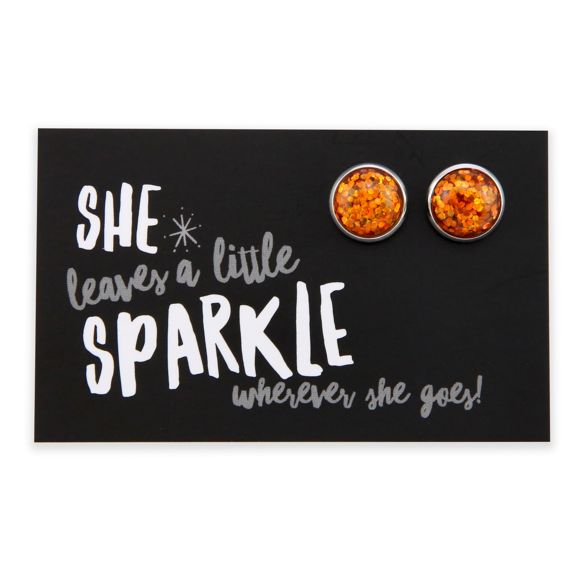 SPARKLEFEST - She Leaves A Little Sparkle -Bright Silver Stud Earrings - Orange Fizz Glitter (11814)