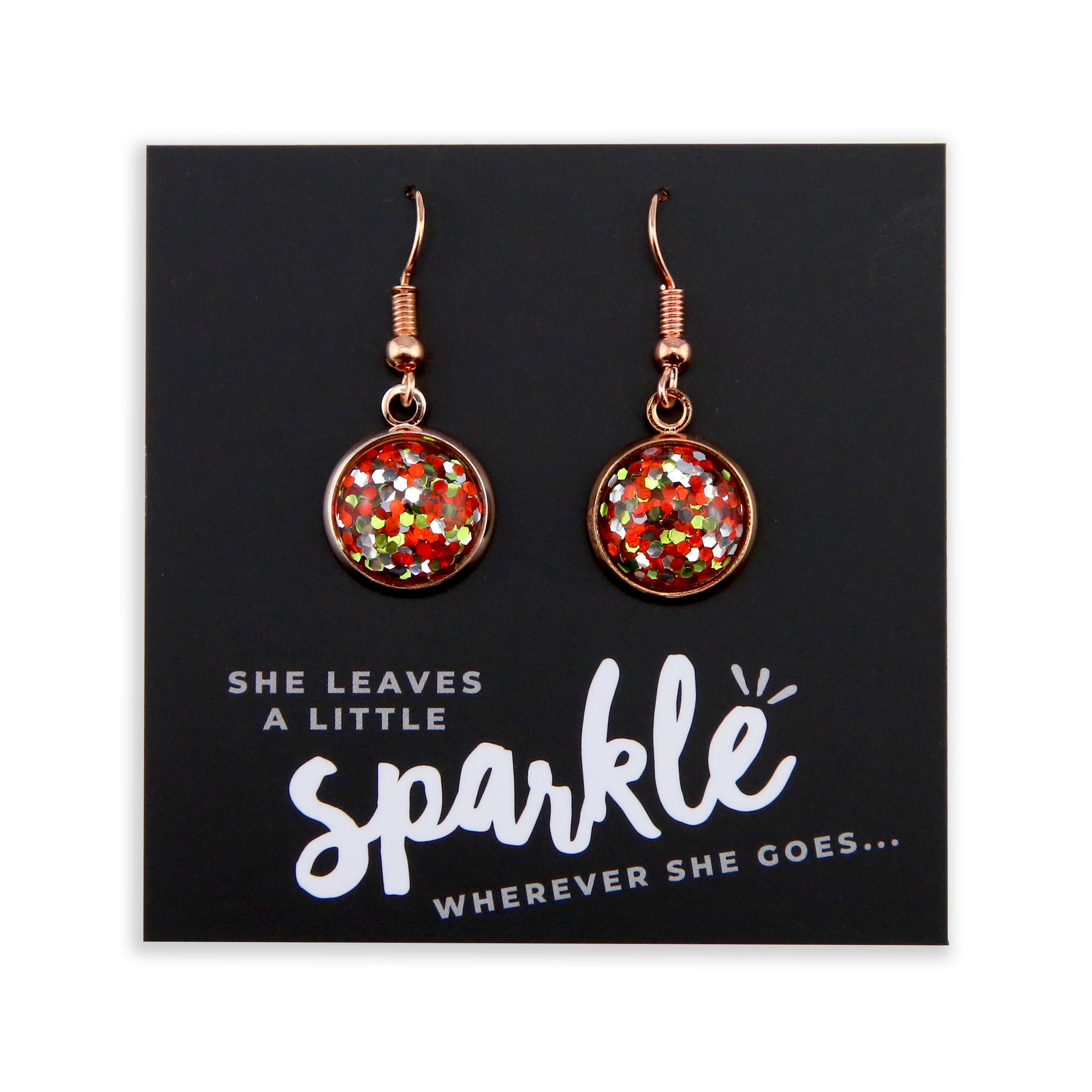 SPARKLEFEST - She Leaves A Little Sparkle - Rose Gold Dangle Earring - Red, Lime & Silver Glitter (2106-F)