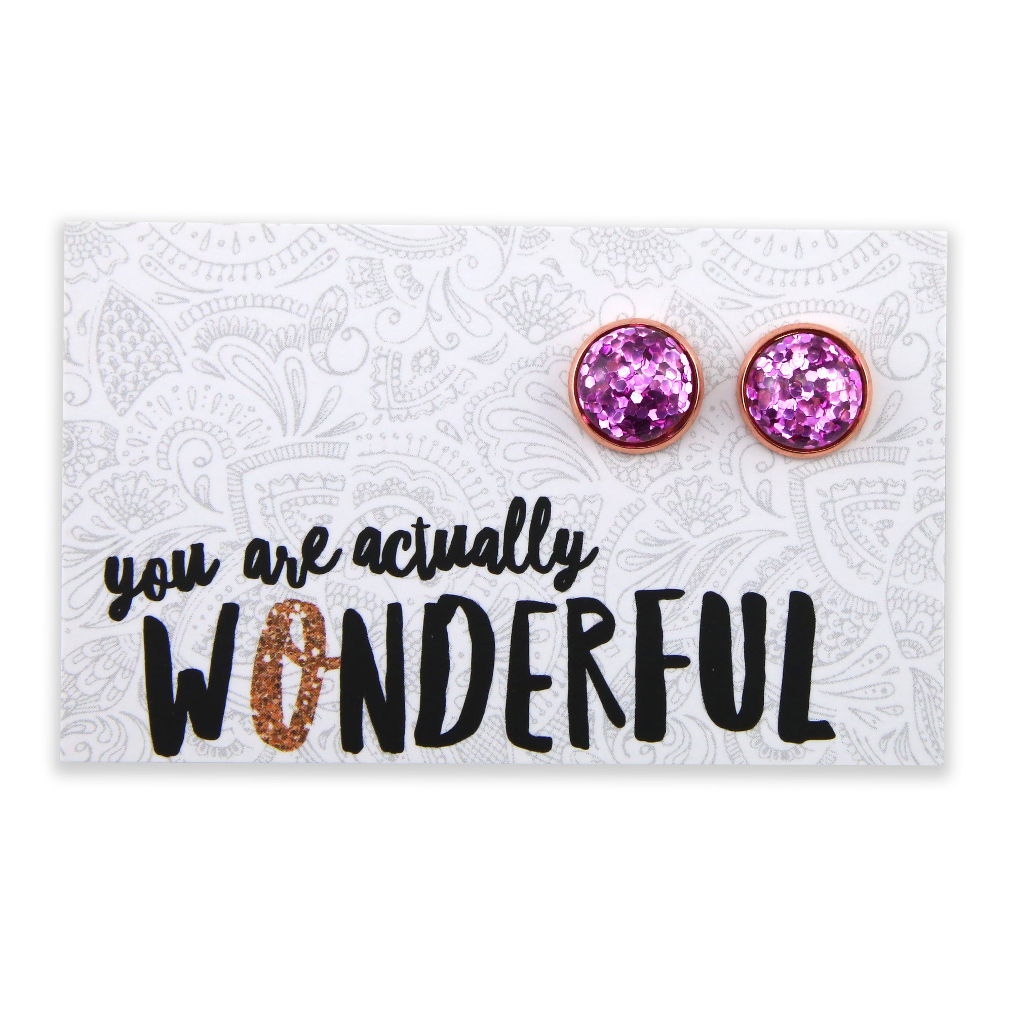 SPARKLEFEST - You Are Actually Wonderful - Rose Gold 12mm Circle Studs - Violet Pop Glitter (2104-F)