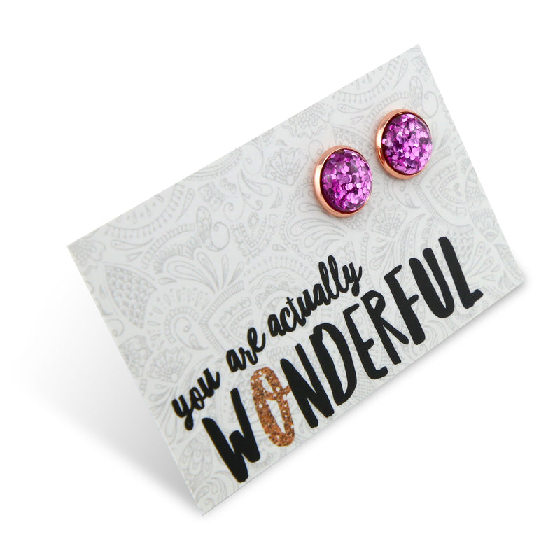 SPARKLEFEST - You Are Actually Wonderful - Rose Gold Stud Earrings - Violet Pop Glitter (2104-F)