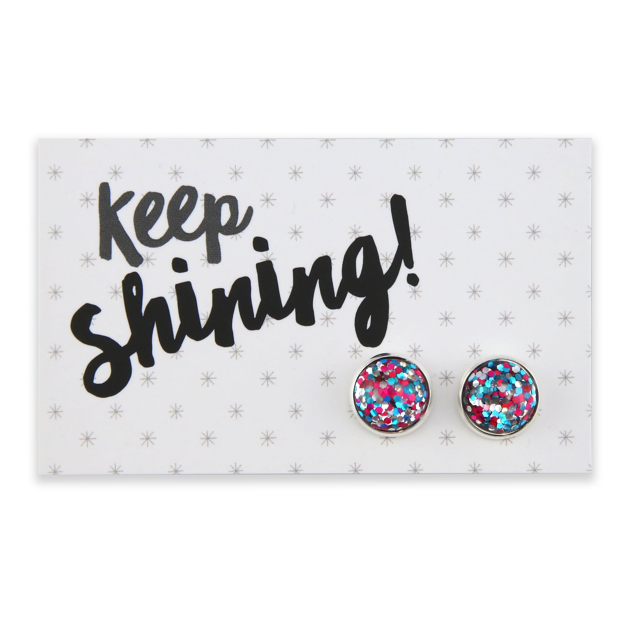Cute Keep Shining Blue Pink & Silver Glitter Resin Earring Stud in silver circle surround.