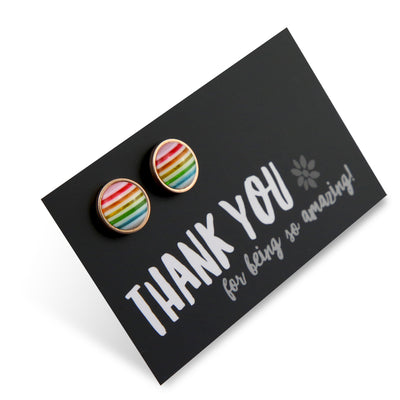 Thank You For Being So Amazing- Stainless Steel Rose Gold 12mm Circle Studs - Stripe Rainbow (2310-F)