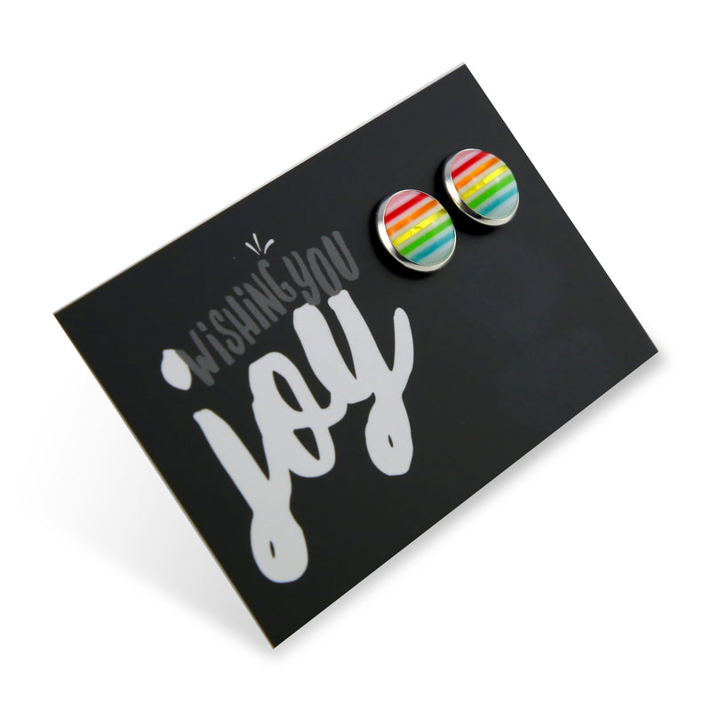 Wishing You Joy - Bright Silver 12mm Circle Studs - Stripe Rainbow (12434)