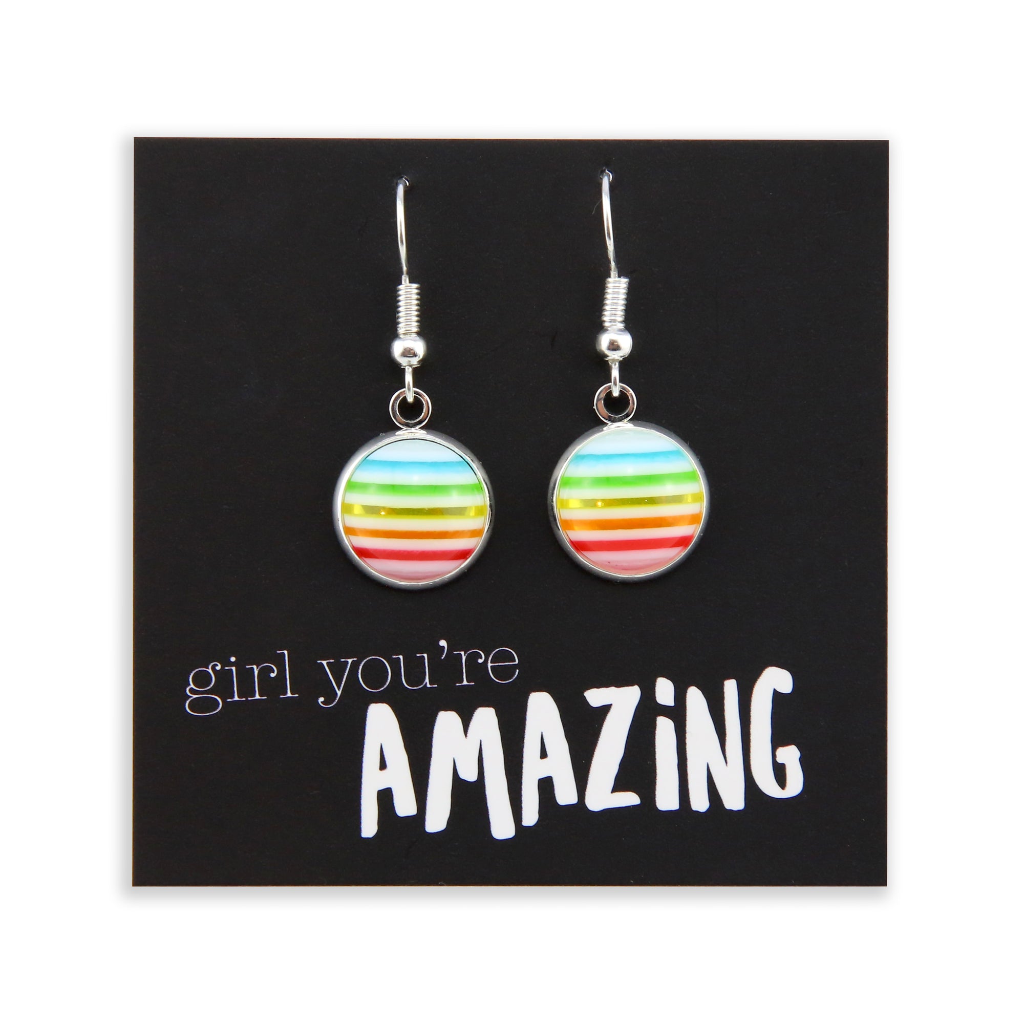 Stripe Resin - Girl, You're Amazing! - Bright Silver Dangle Earrings - Rainbow (2107-F)