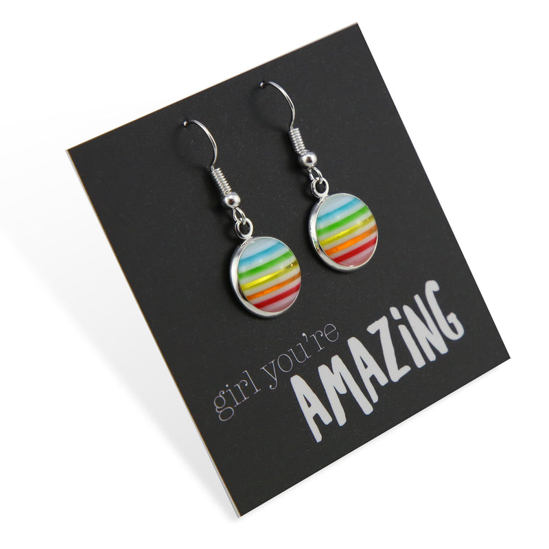 Stripe Resin - Girl, You're Amazing! - Bright Silver Dangle Earrings - Rainbow (2107-F)