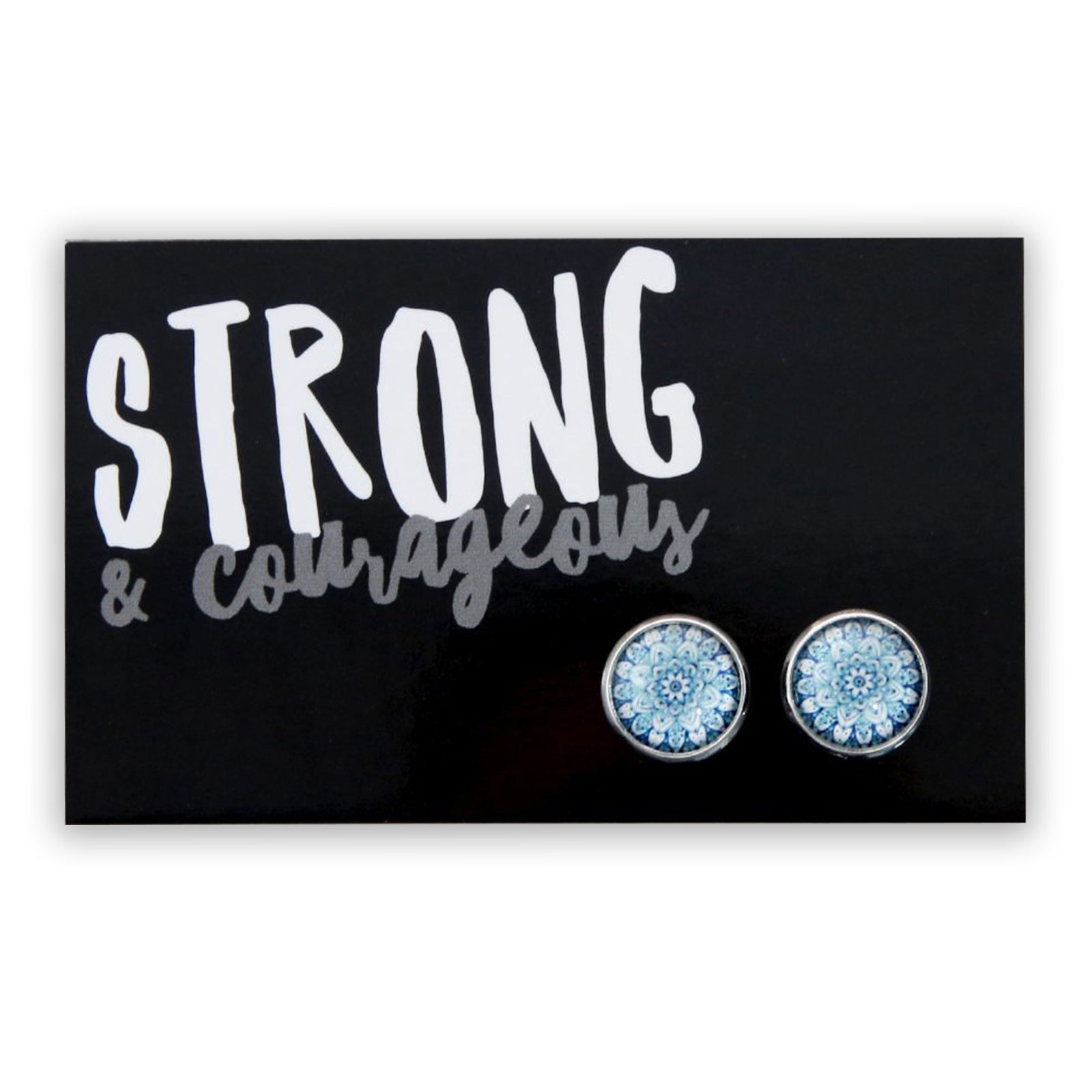 Strong & Courageous gift card with silver floral ice print earring studs. 