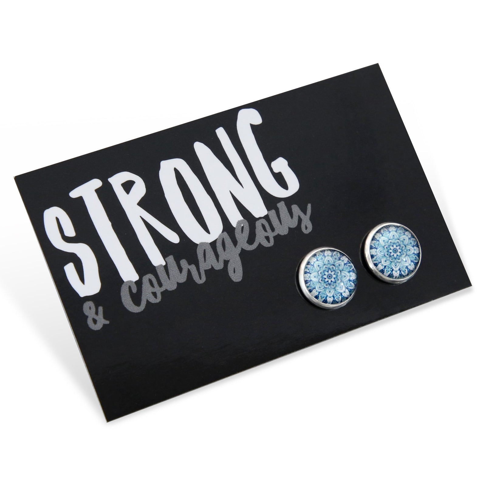 Strong & Courageous gift card with silver floral ice print earring studs. 