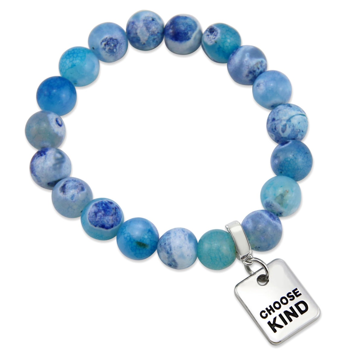 Stone Bracelet - Surf Spray Fire Agate 10mm Beads - with Silver Word Charm