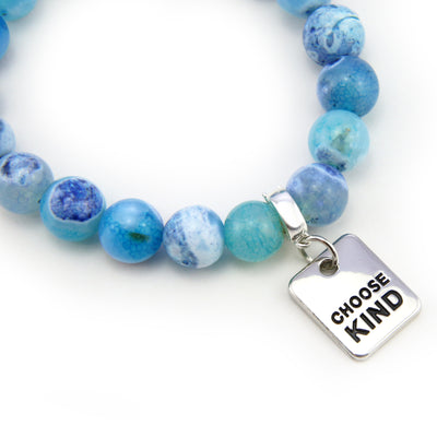 Stone Bracelet - Surf Spray Fire Agate 10mm Beads - with Silver Word Charm