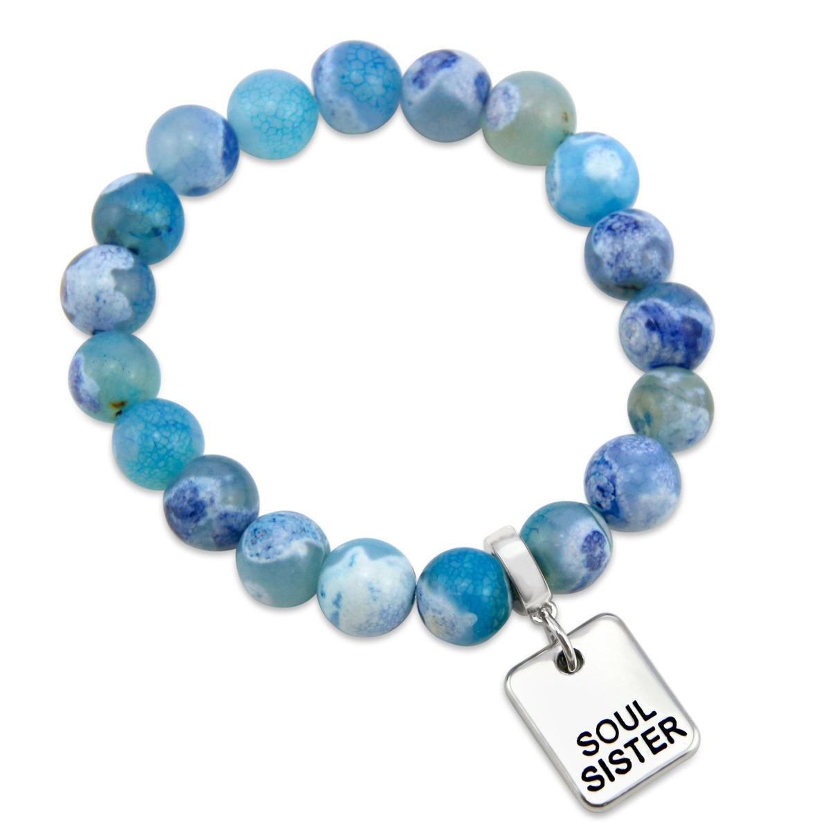 Stone Bracelet - Surf Spray Fire Agate 10mm Beads - with Silver Word Charm