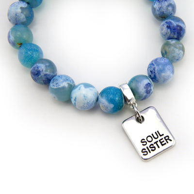 Stone Bracelet - Surf Spray Fire Agate 10mm Beads - with Silver Word Charm