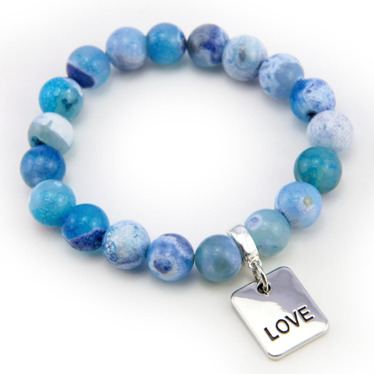 Stone Bracelet - Surf Spray Fire Agate 10mm Beads - with Silver Word Charm