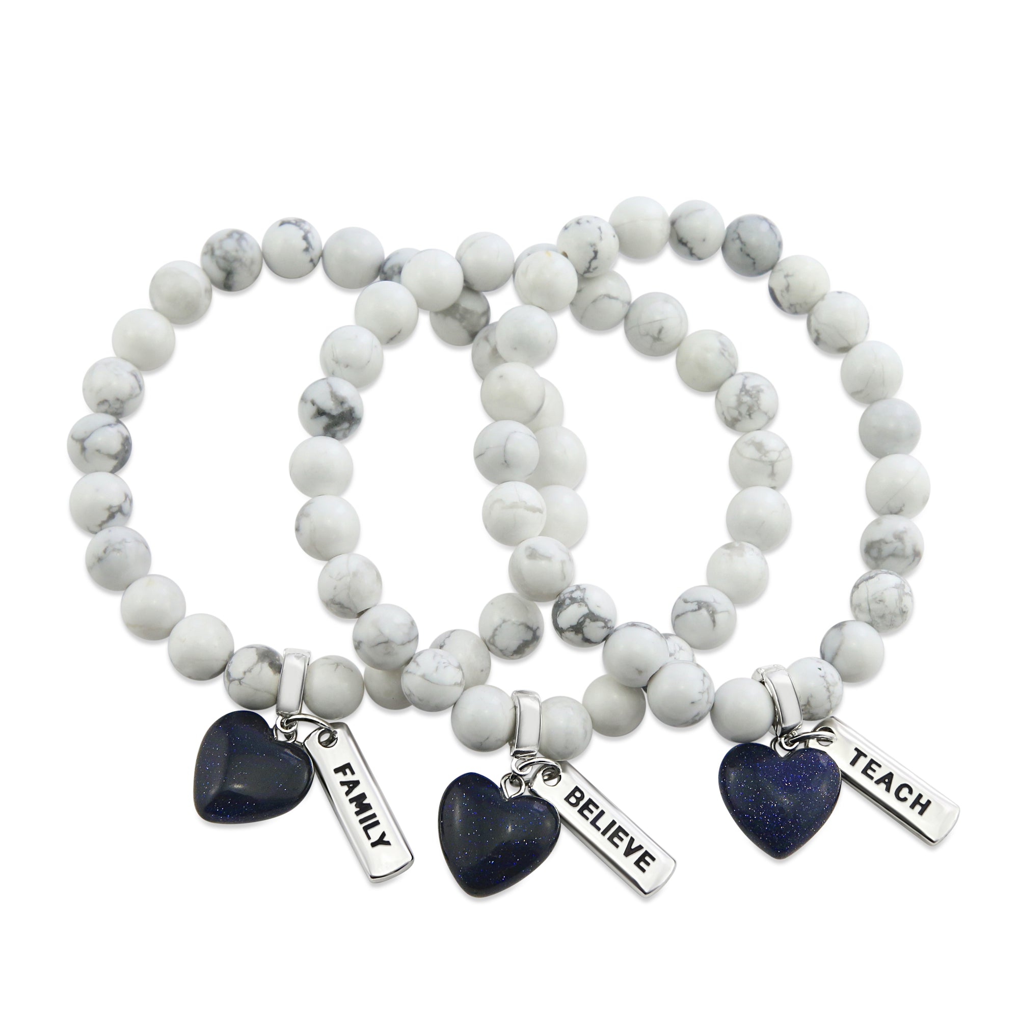 White marble howlite stone bead bracelets with stone heart charm in midnight blue and meaningful word charms. 