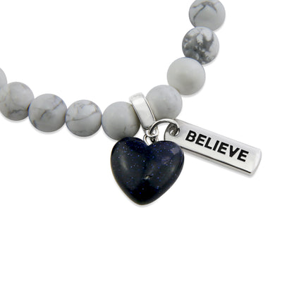 White marble howlite stone bead bracelets with stone heart charm in midnight blue and meaningful word charms.