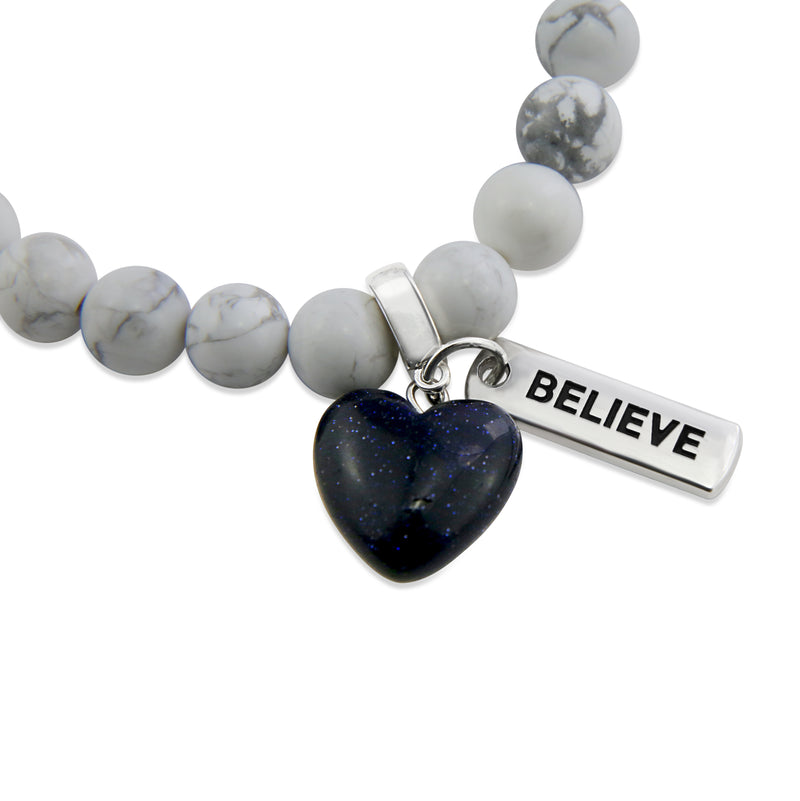White marble howlite stone bead bracelets with stone heart charm in midnight blue and meaningful word charms. 