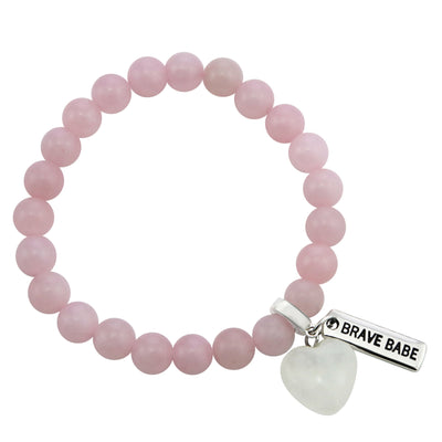 ROSE QUARTZ stone bracelest ith cute hesart charms in white quartz and inspiring word charms.