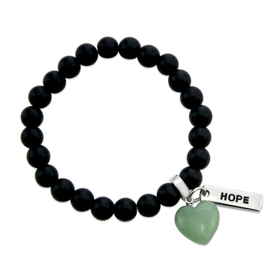 Matt black onyx stone beaded bracelet with feature green adventurine stone heart charm and inspiring word charms in silver.