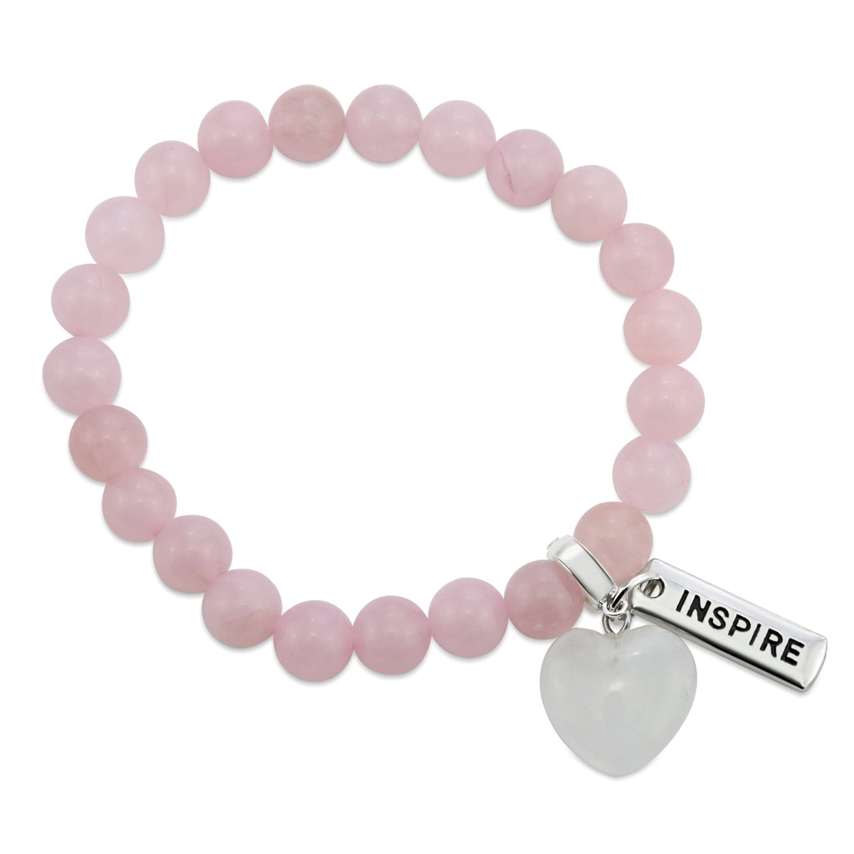 ROSE QUARTZ stone bracelest ith cute hesart charms in white quartz and inspiring word charms.