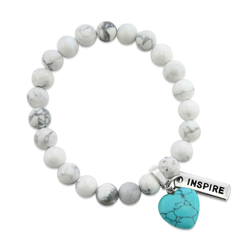 White marble howlite stone bracelet with turquoise stone heart shaped charm and inspiring word charm