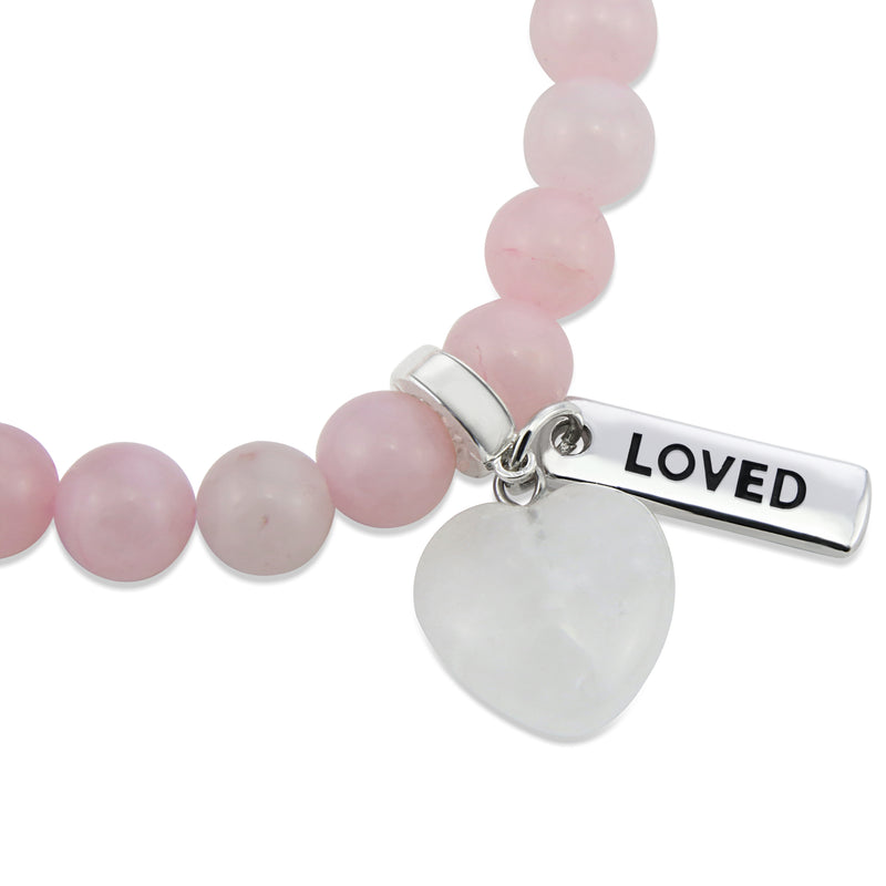 SWEETHEART Bracelet - 8mm ROSE QUARTZ stone beads with WHITE QUARTZ Heart & Word Charm