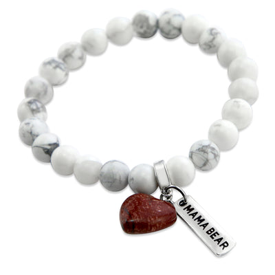 White marble howlite stone bracelet with jasplilite stone heart shaped charm and inspiring word charm