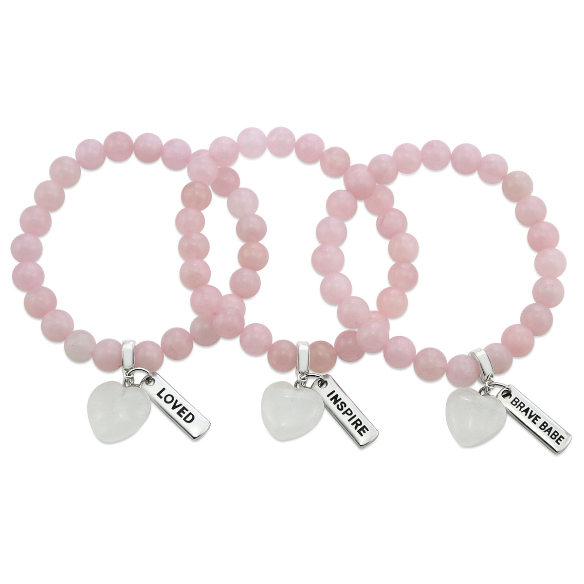 ROSE QUARTZ stone bracelest ith cute hesart charms in white quartz and inspiring word charms.