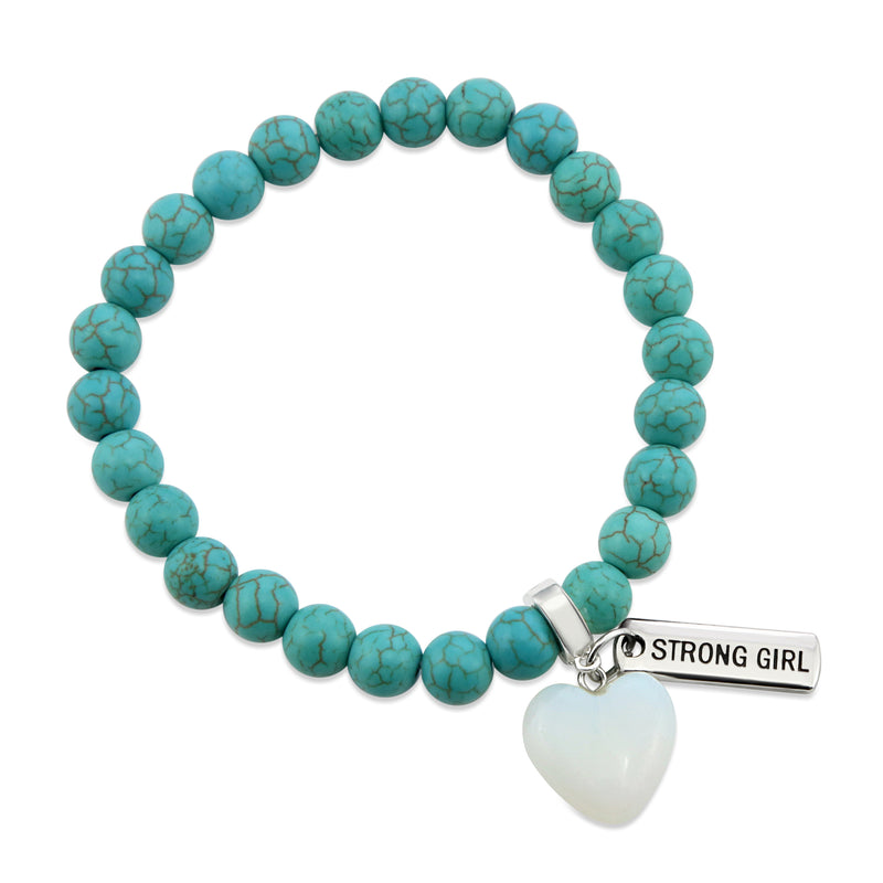 SWEETHEART Bracelet - 8mm TURQUOISE stone beads with OPALITE Heart & Word Charm