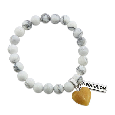 White howlite marble stone bead bracelet with charms featuring yellow adventurine heart.